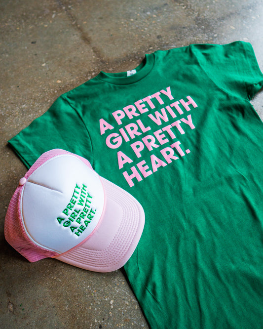 Pretty Girl, Pretty Heart Adult Box T-Shirt & Light Pink/White Trucker Bundle