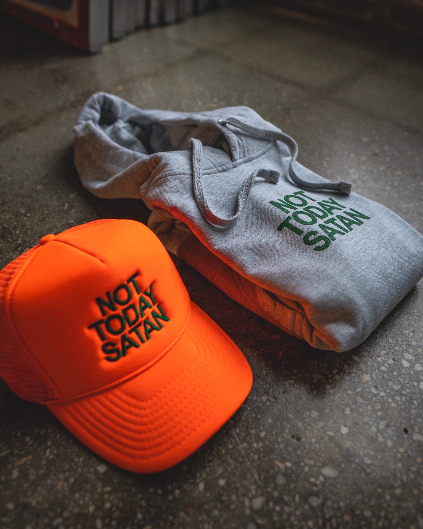 Not Today Satan Hoodie & Neon Orange Trucker Bundle