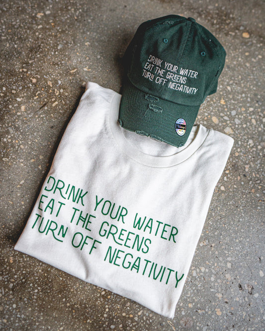 Water, Greens, No Negativity Adult Box T-Shirt & Hunter Distressed Hat Bundle