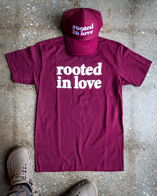 Rooted In Love Adult Box T-Shirt & Maroon Trucker Bundle