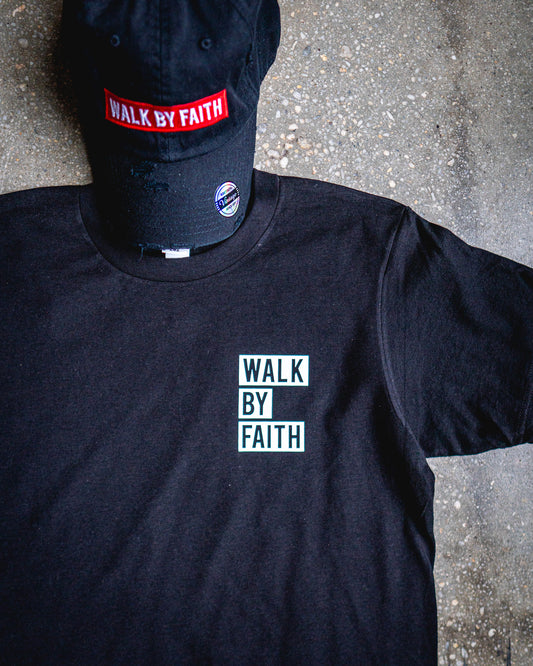 Walk By Faith Pocket Adult Box T-Shirt & Black Distressed Hat Bundle