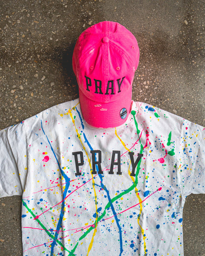 PRAY Splatter Adult Box T-Shirt & Neon Pink Distressed Hat Bundle