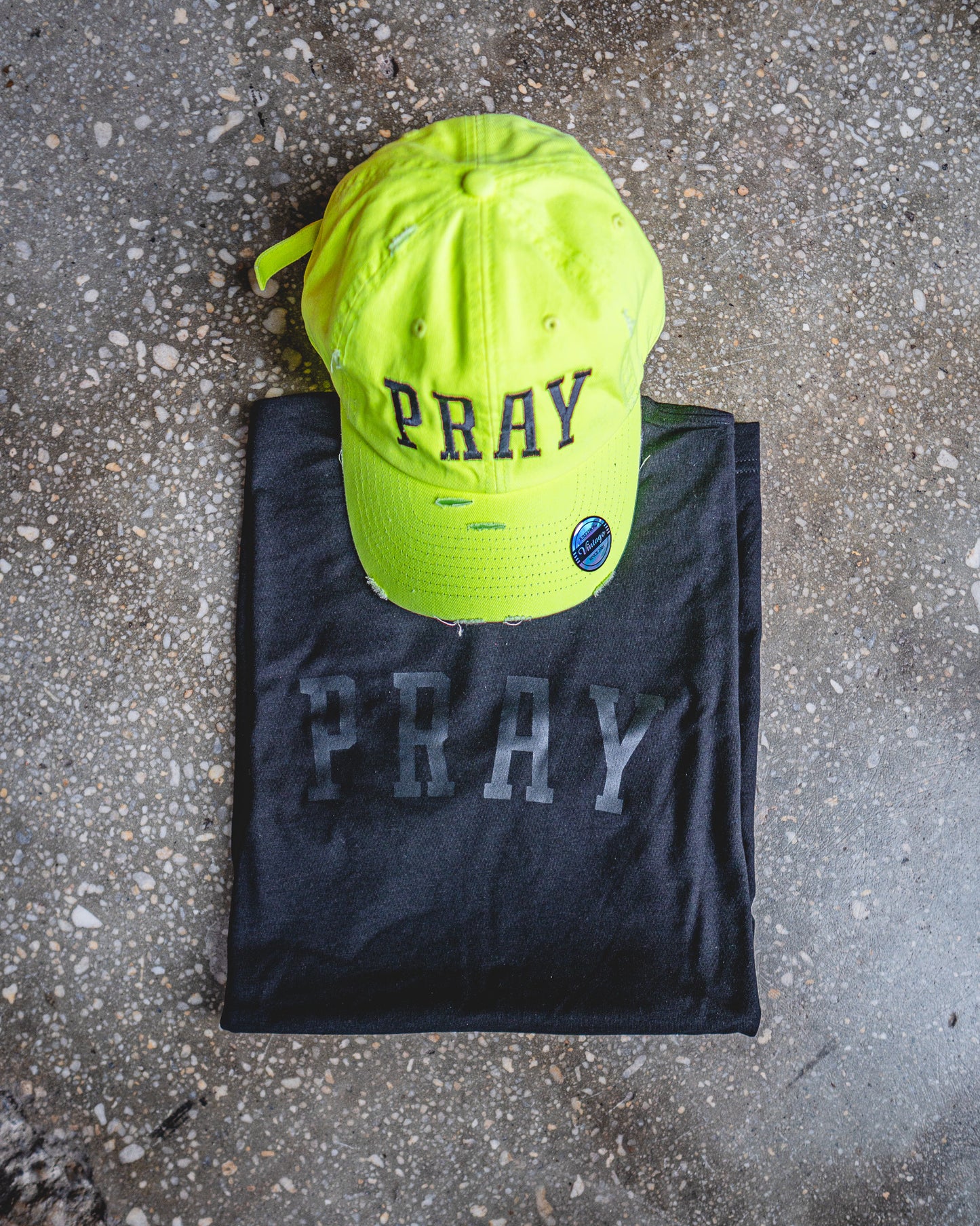PRAY Adult Box T-Shirt & Neon Yellow Distressed Hat Bundle