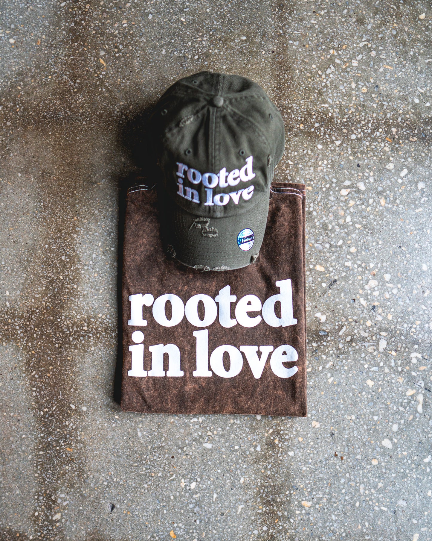 Rooted In Love Adult Box T-Shirt & Olive Distressed Hat Bundle
