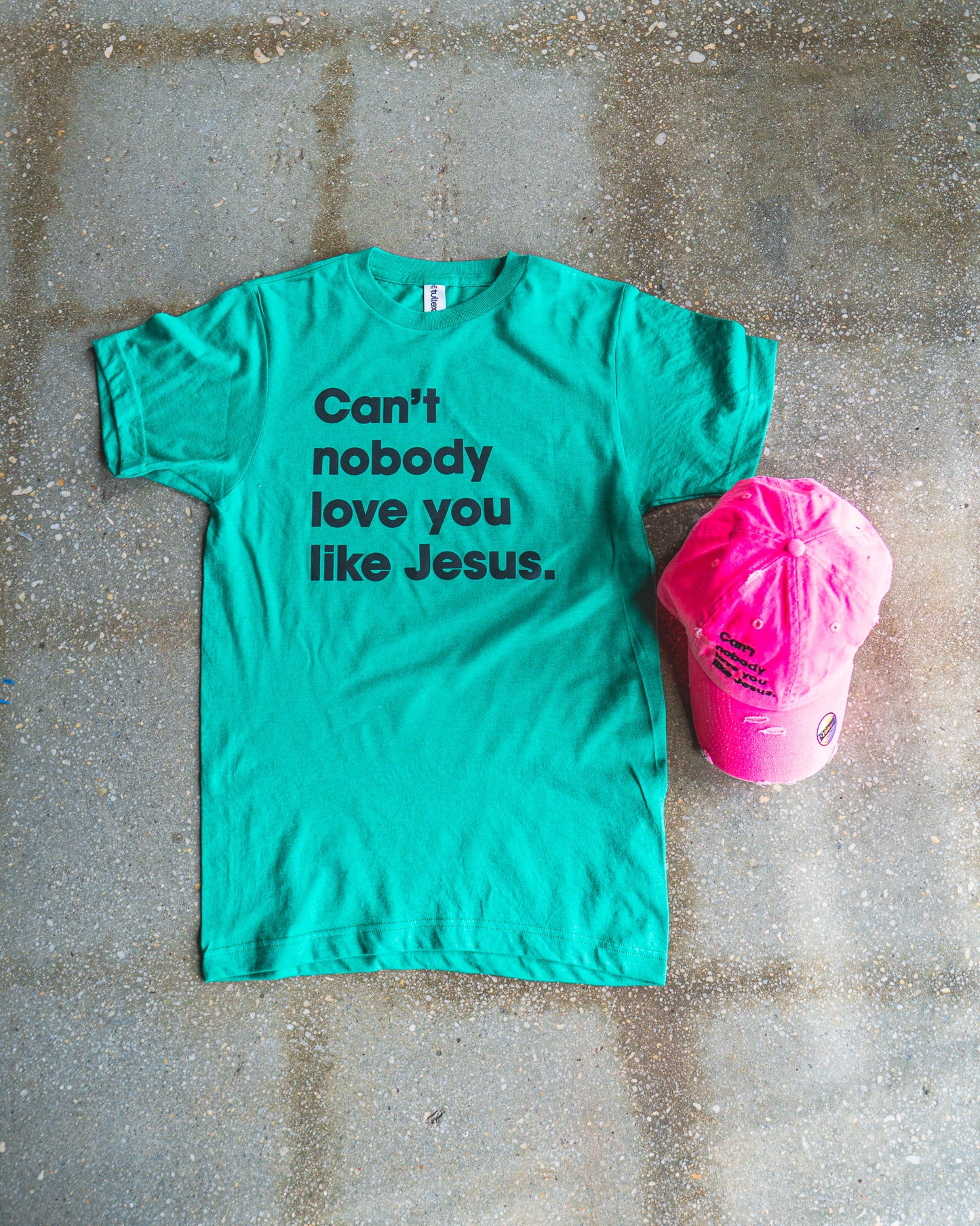 Can't Nobody Love You Like Jesus Adult Box T-Shirt & Neon Pink Distressed Hat Bundle