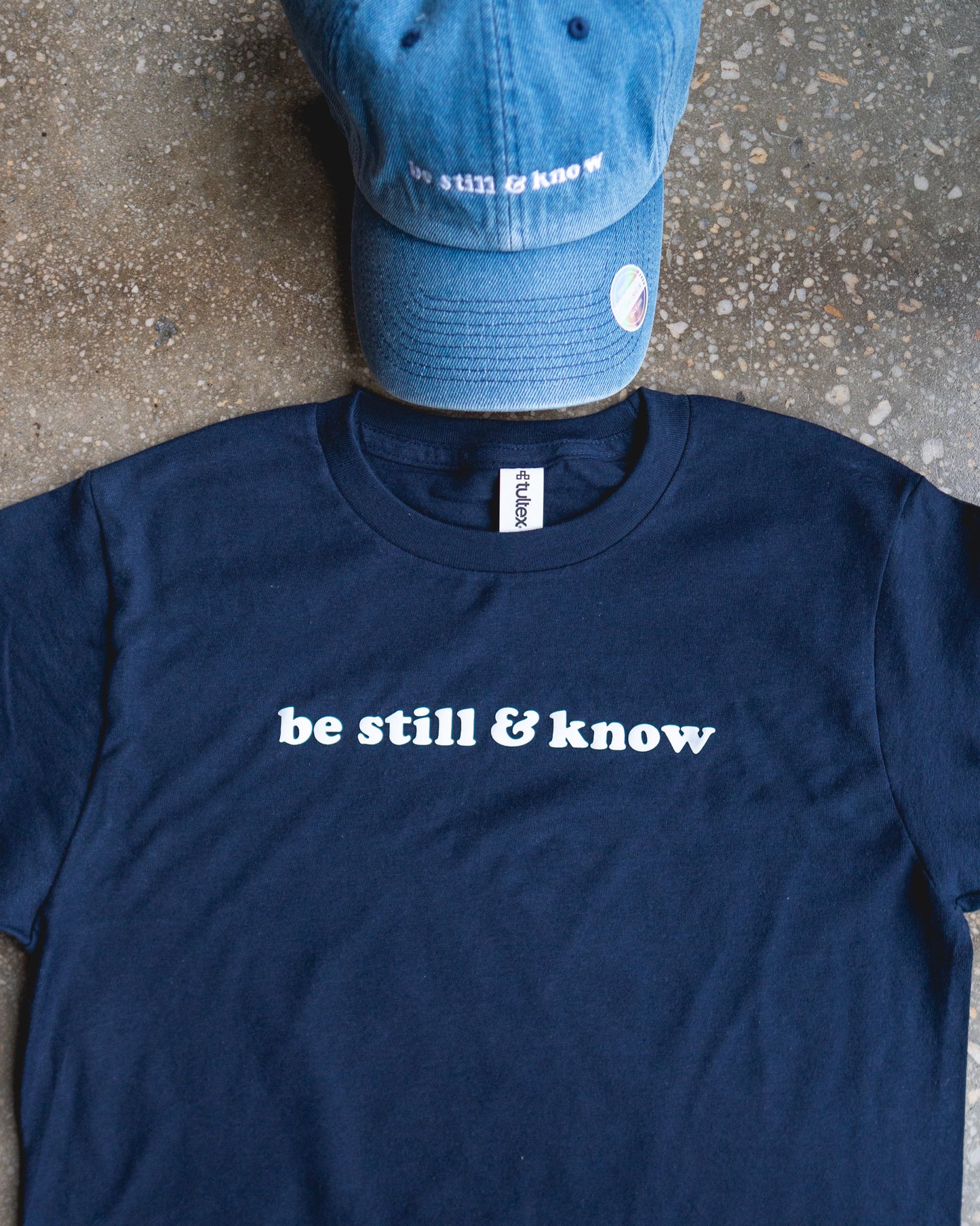 Be Still & Know Adult Box T-Shirt & Medium Blue Non-Distressed Hat Bundle