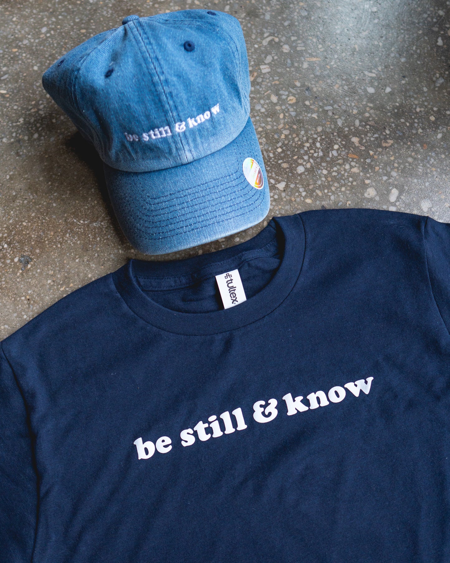 Be Still & Know Adult Box T-Shirt & Medium Blue Non-Distressed Hat Bundle