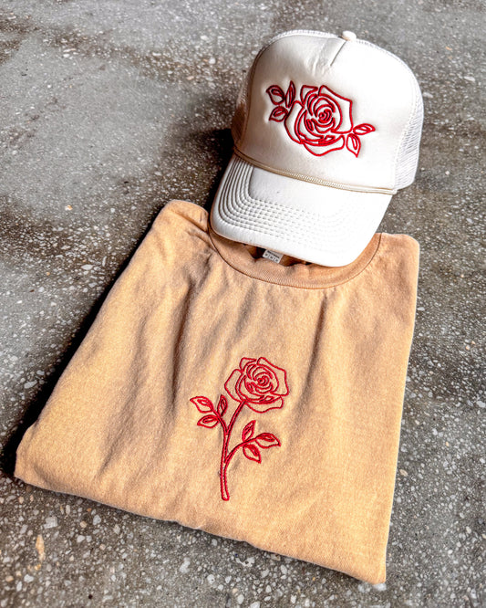 Rose Embroidered Muscle Tank & Ivory Trucker Bundle