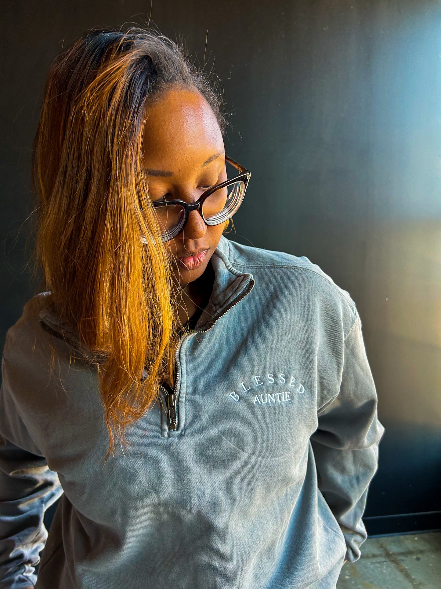 Blessed Auntie Embroidered Adult Quarter Zip Sweatshirt
