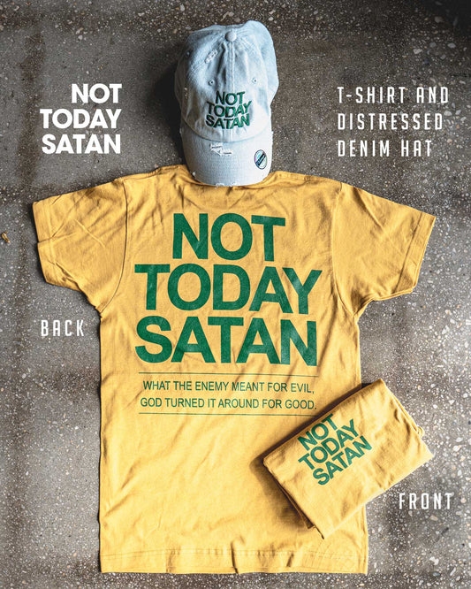 Not Today Satan Adult Box T-Shirt & Light Blue Denim Distressed Hat Bundle