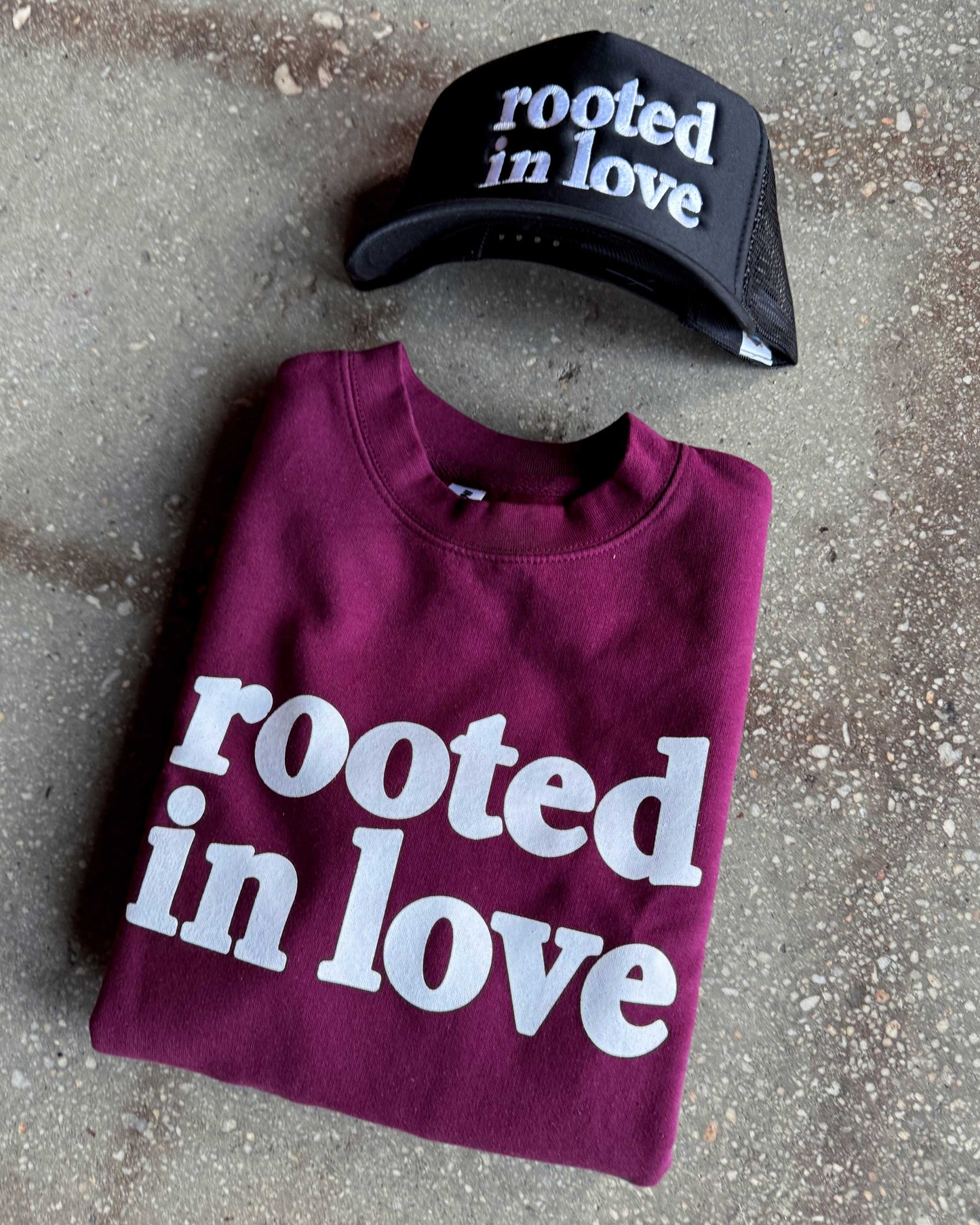 Rooted In Love Adult Sweatshirt & Black Trucker Bundle