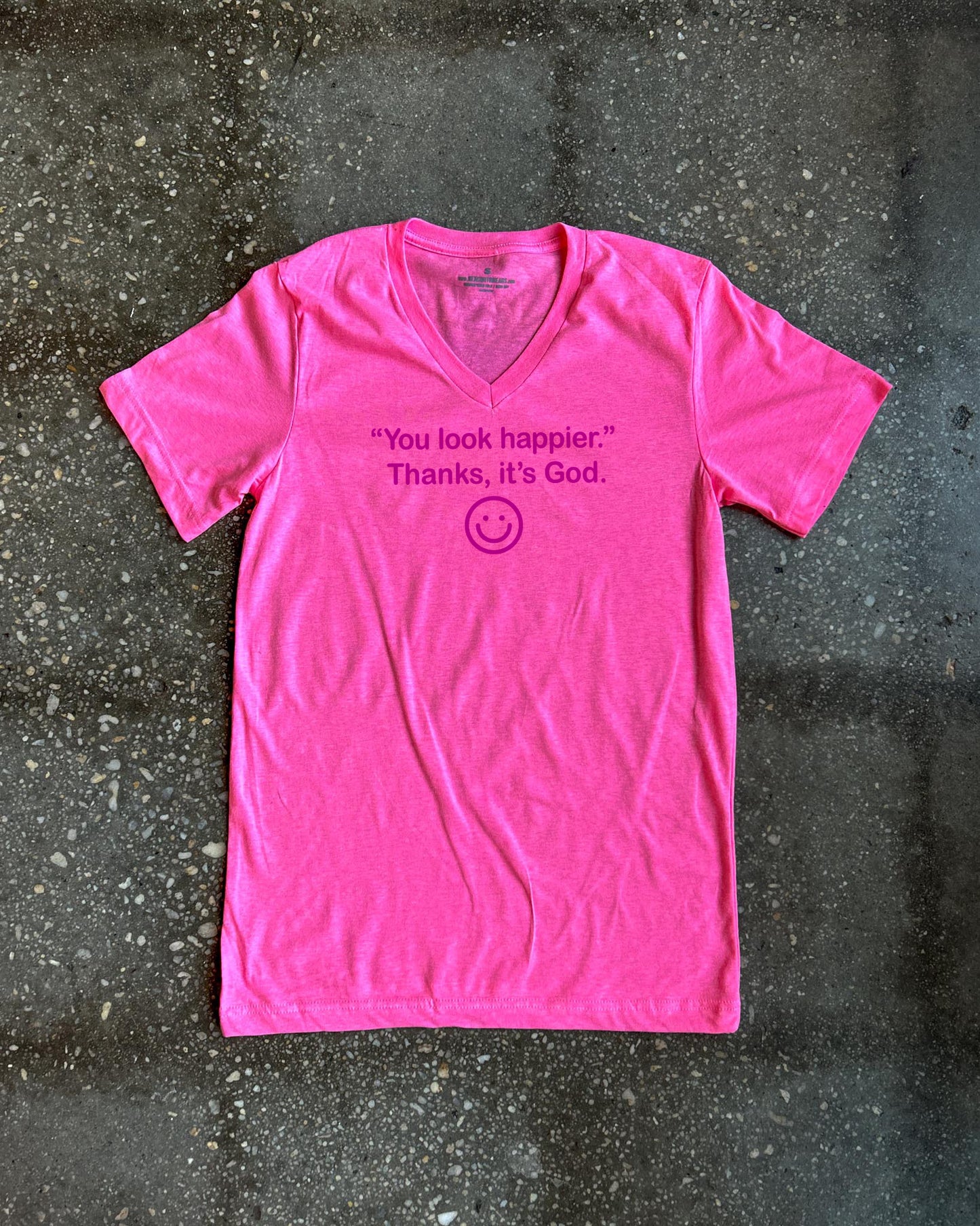 Happier With God Adult V-neck T-shirt
