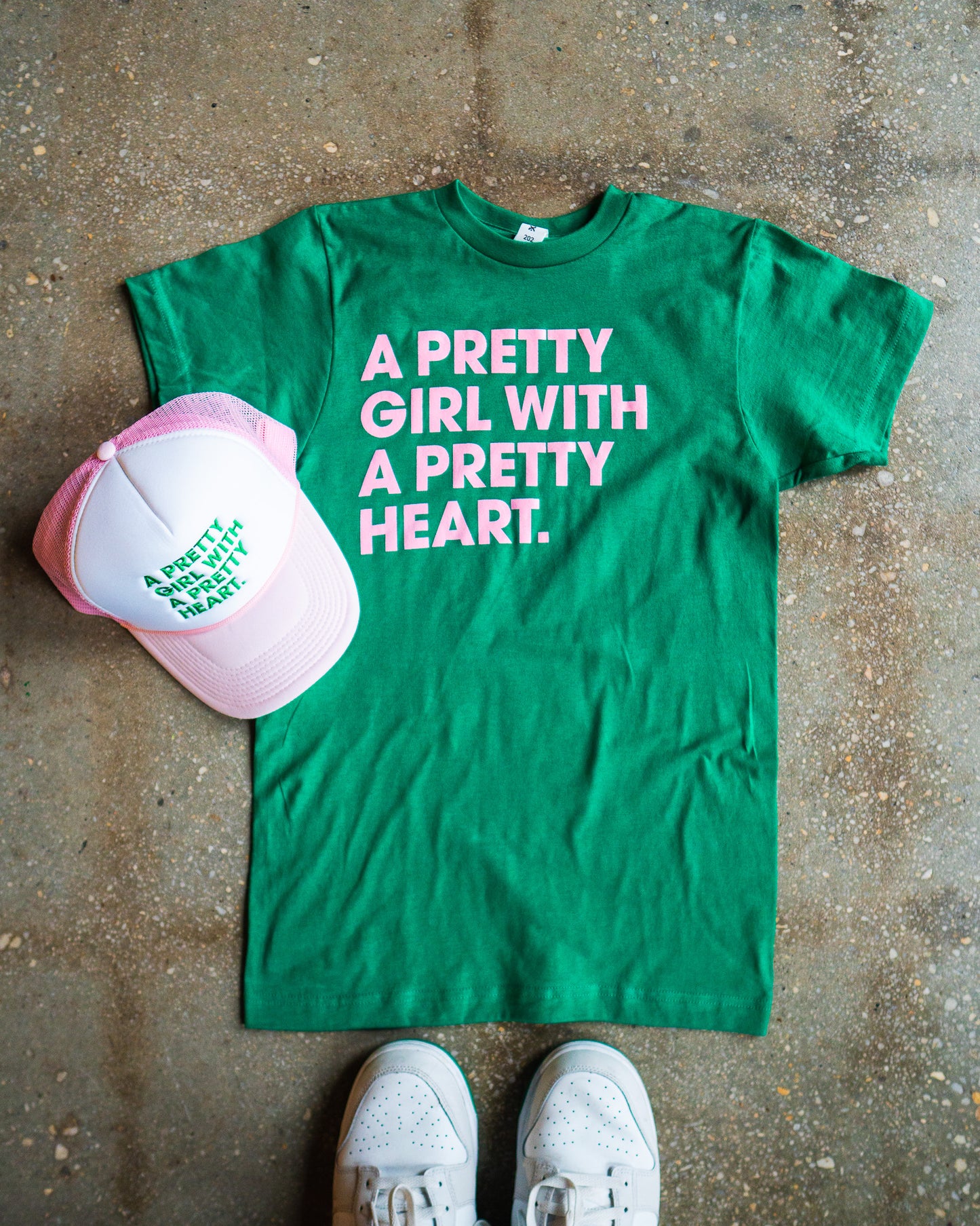 Pretty Girl, Pretty Heart Adult Box T-Shirt & Light Pink/White Trucker Bundle