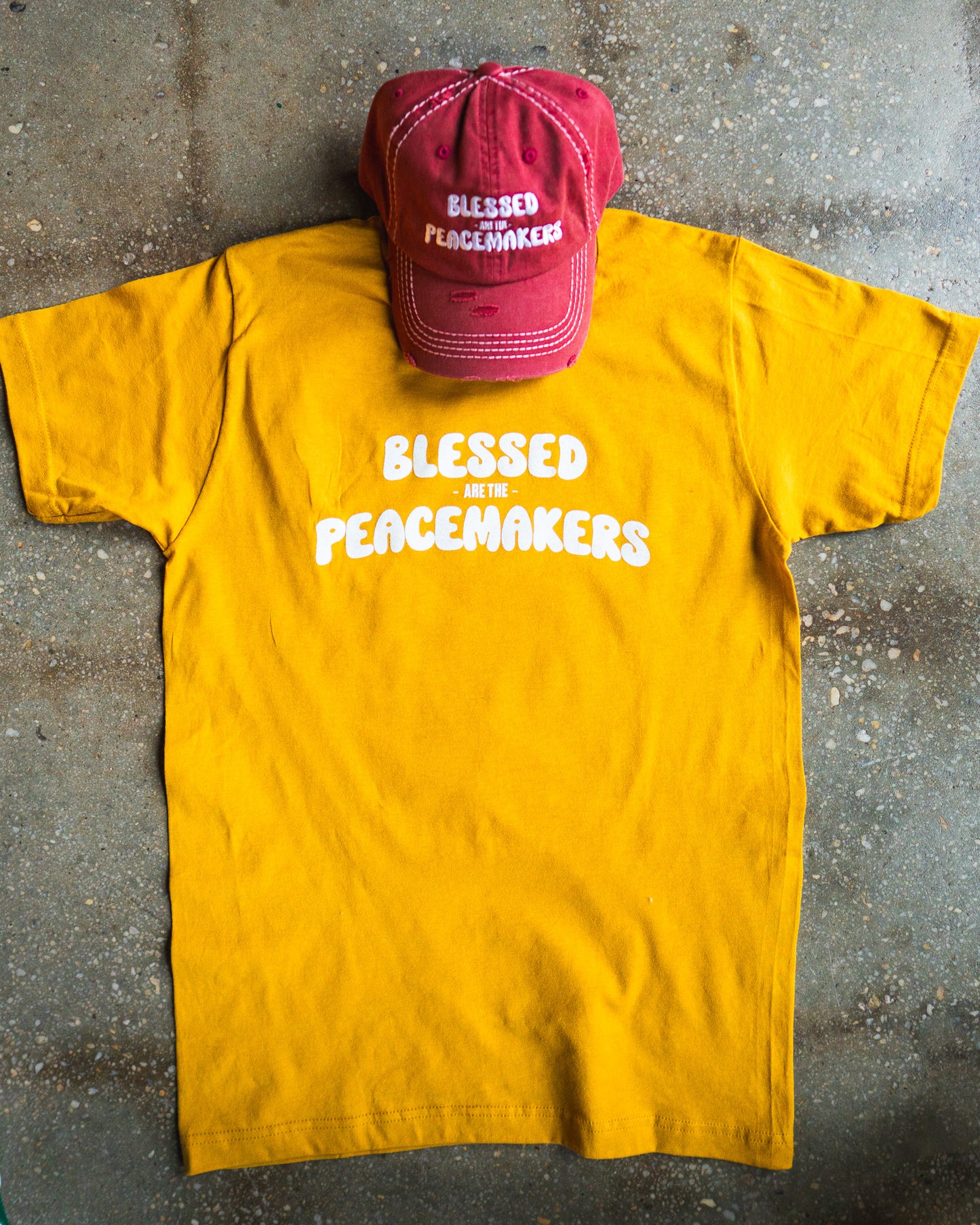 Blessed Are The Peacemakers Adult Box T-Shirt & Maroon Pigment Distressed Hat Bundle