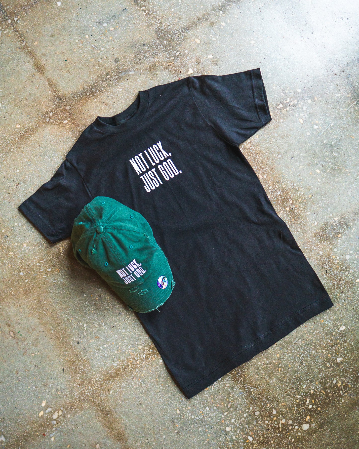 Not Luck, Just God Adult Box T-Shirt & Hunter Green Distressed Hat Bundle