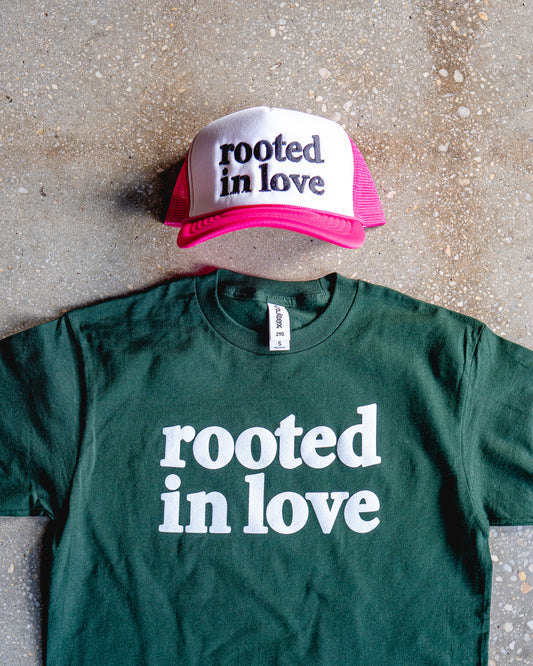 Rooted In Love Adult Box T-Shirt & Hot Pink/White Trucker Bundle