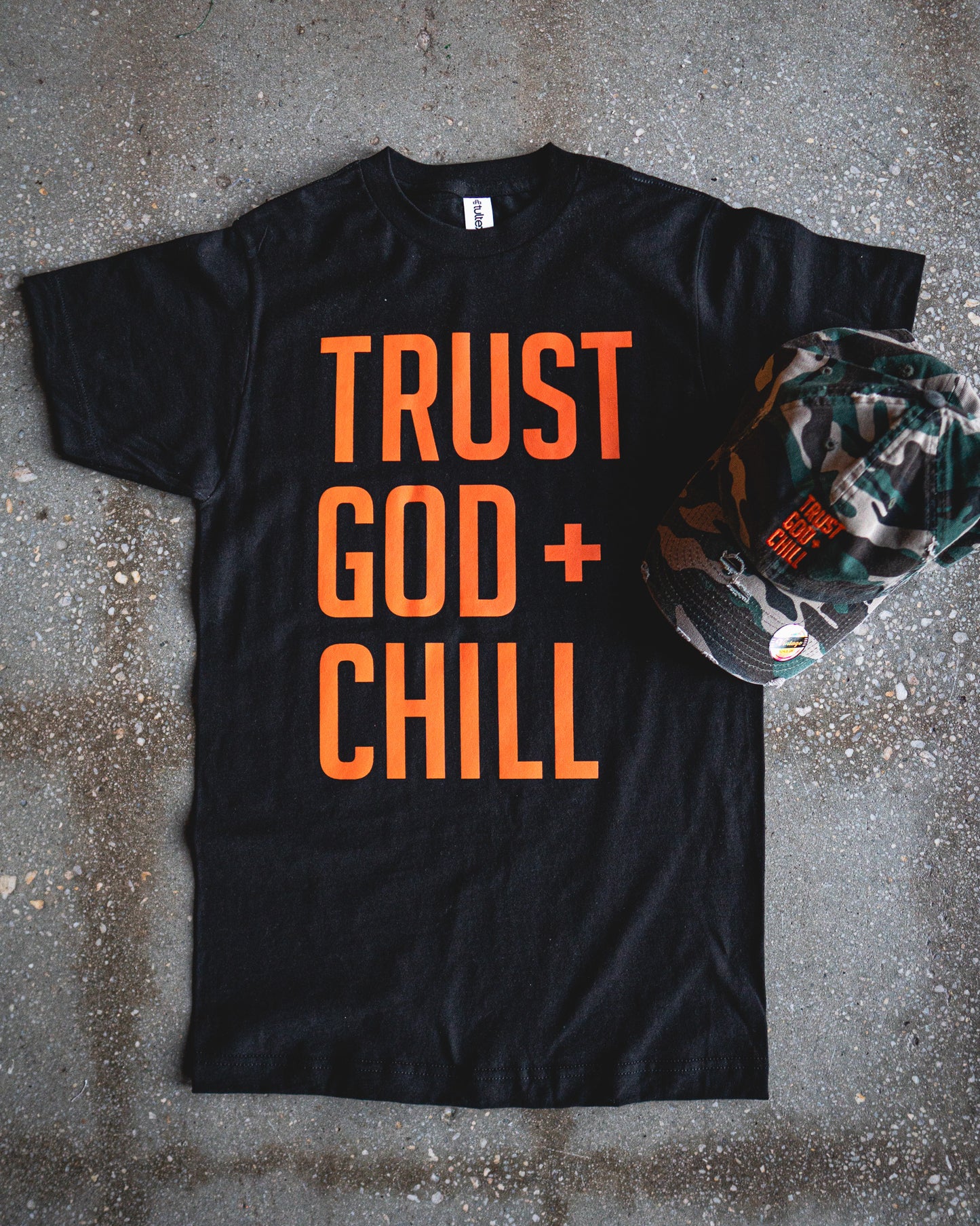 Trust God + Chill Adult Box T-Shirt & Camo Distressed Hat Bundle