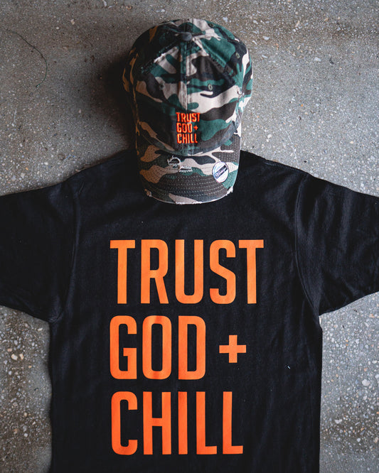 Trust God + Chill Adult Box T-Shirt & Camo Distressed Hat Bundle