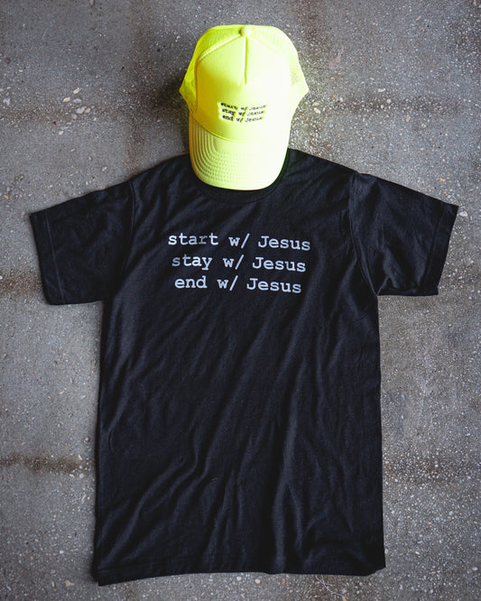 Start, Stay, End w/ Jesus Adult Box T-Shirt & Neon Yellow Trucker Bundle