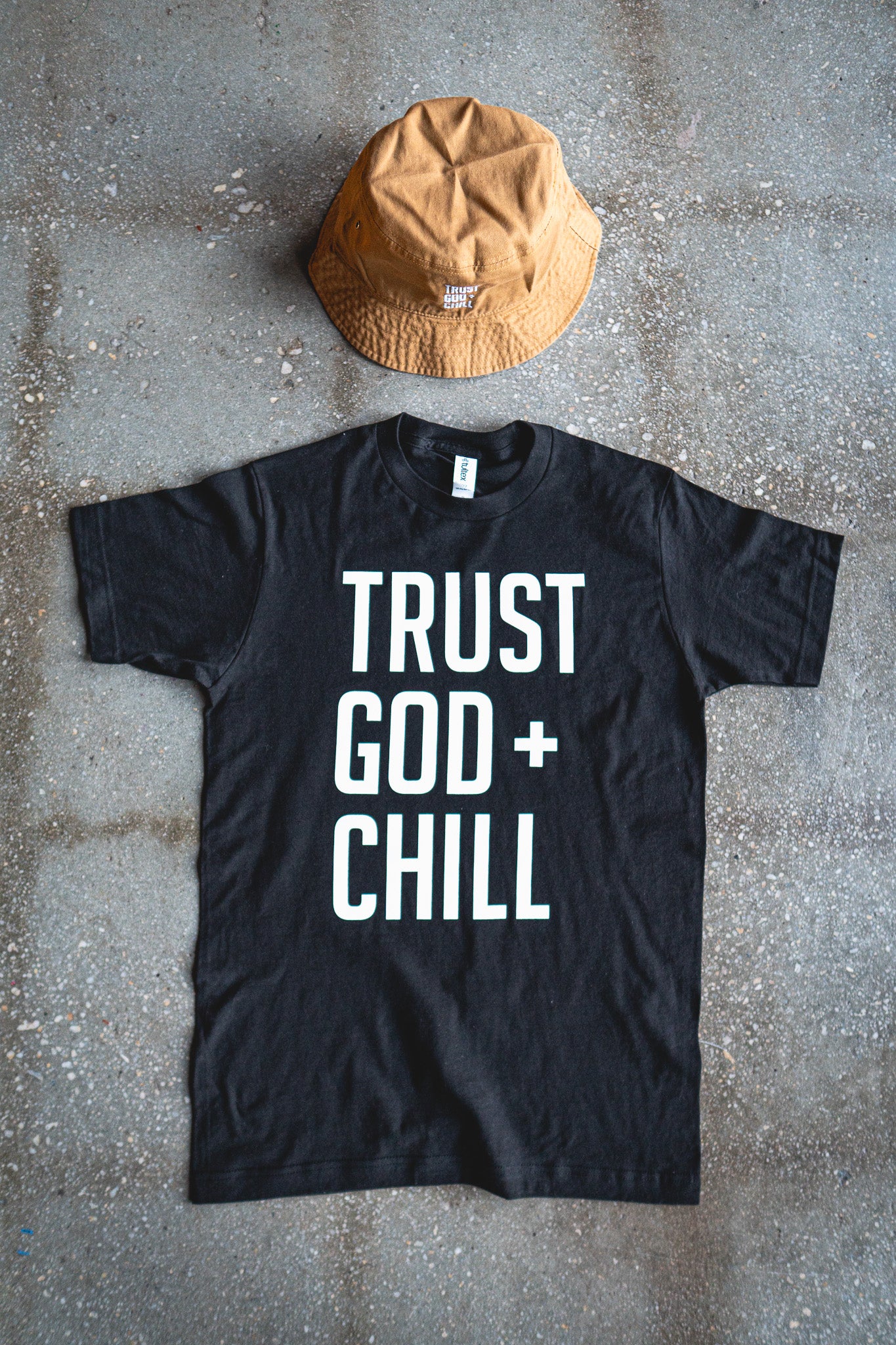 Trust God + Chill Adult Box T-Shirt & Timberland Bucket Hat Bundle