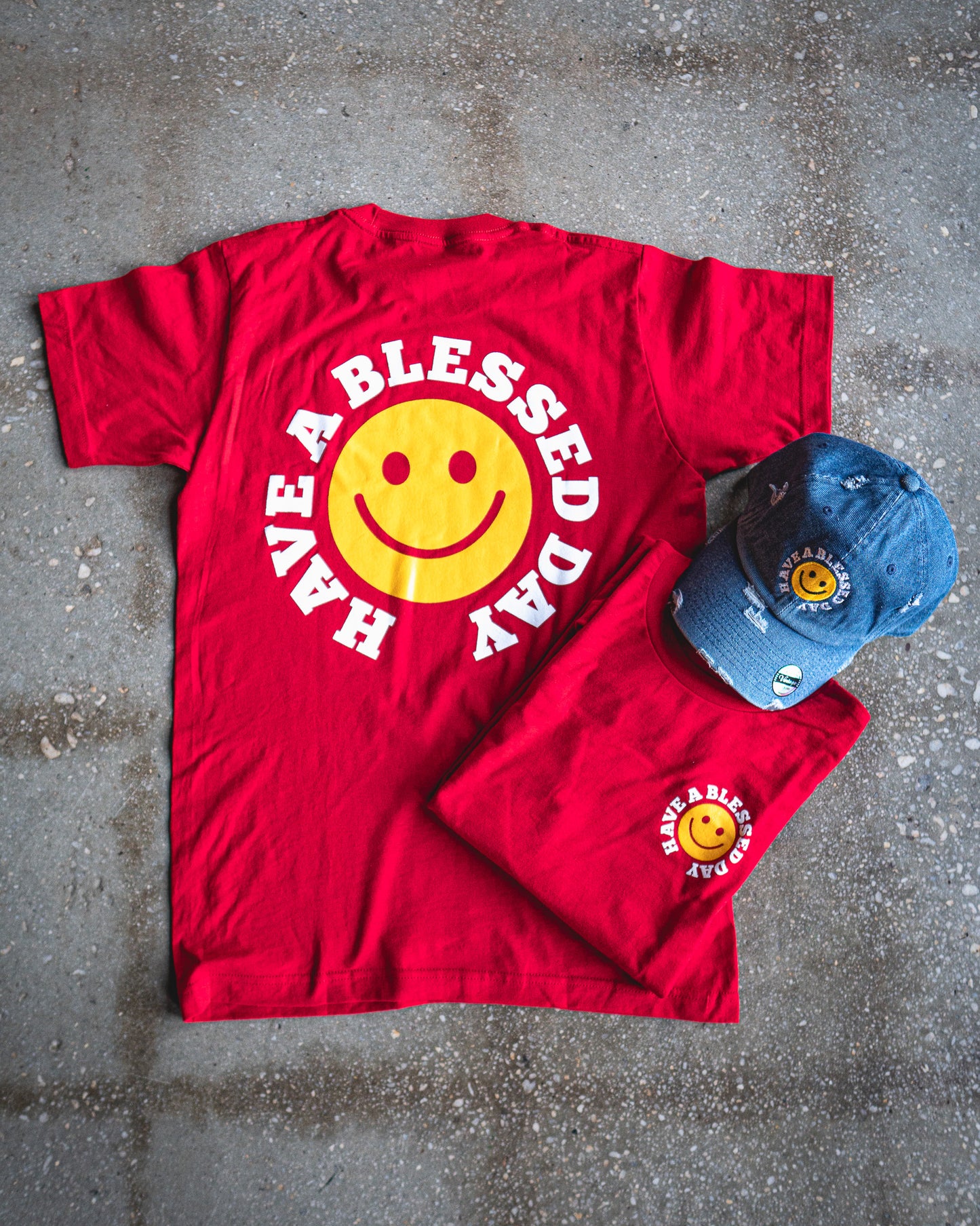 Have A Blessed Day Adult Box T-Shirt & Medium Blue Distressed Hat Bundle