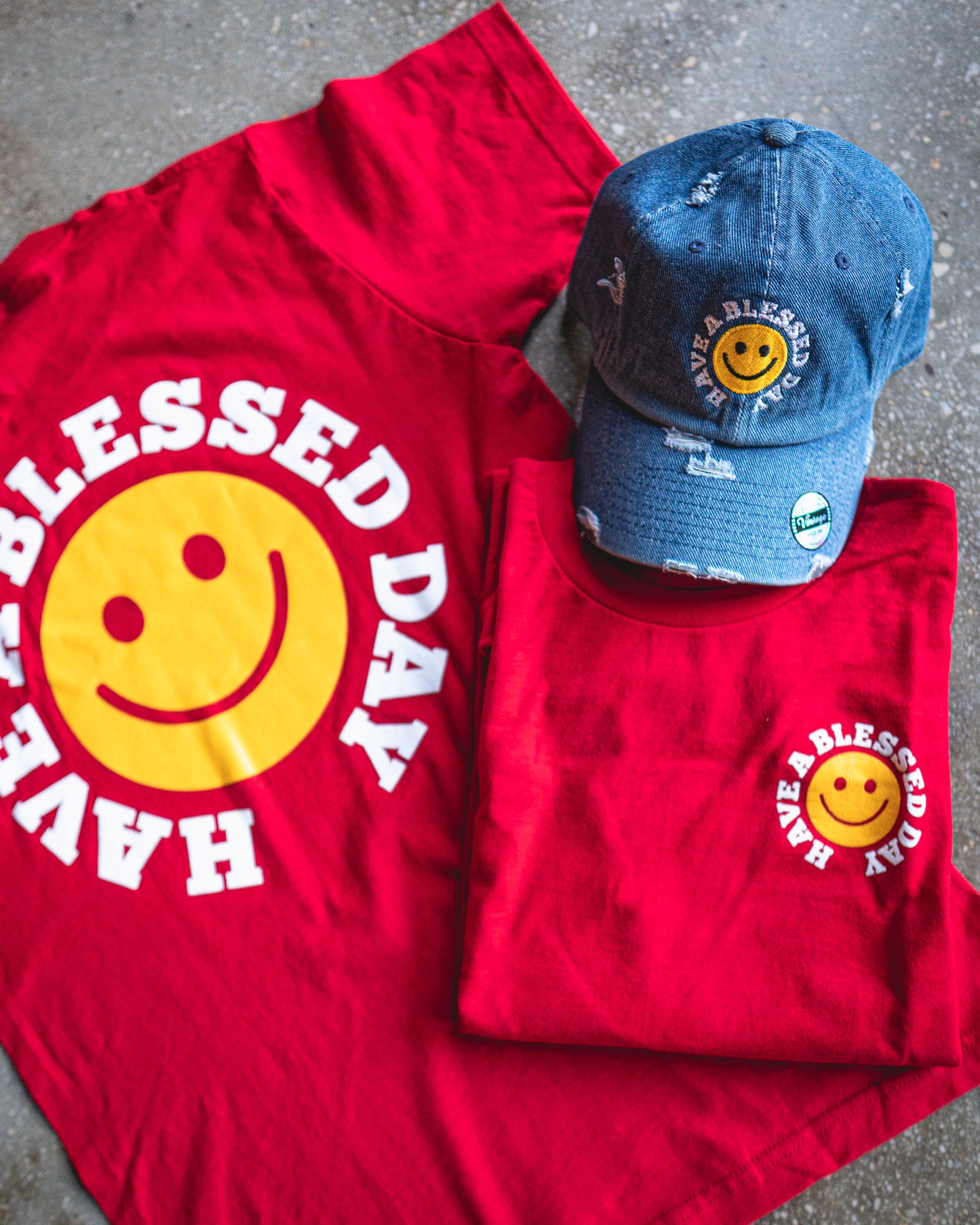 Have A Blessed Day Adult Box T-Shirt & Medium Blue Distressed Hat Bundle