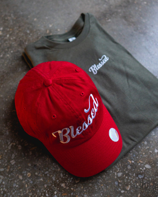 Blessed Adult Box T-Shirt & Red Non-Distressed Hat Bundle