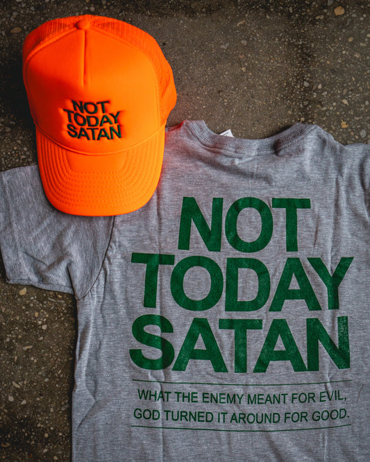 Not Today Satan Adult Box T-Shirt & Orange Trucker Bundle