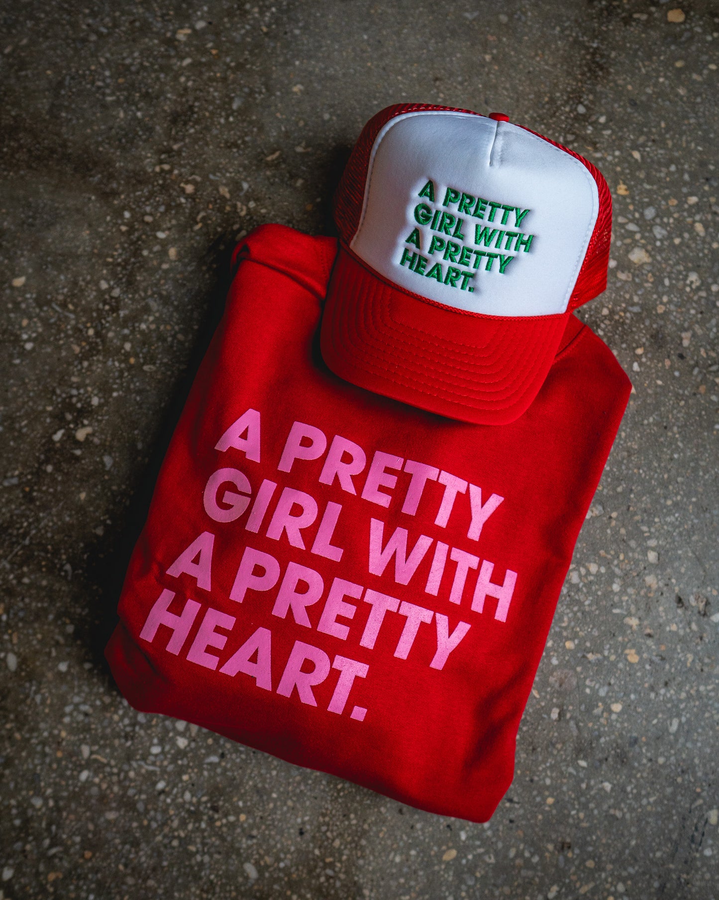 Pretty Girl With A Pretty Heart Sweatshirt & Red/White Trucker Bundle
