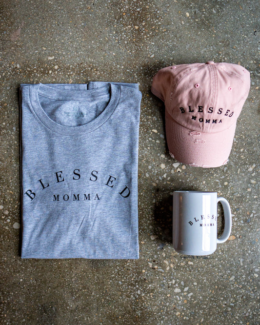 Blessed Momma Adult Box T-Shirt & Distressed Hat & Mug