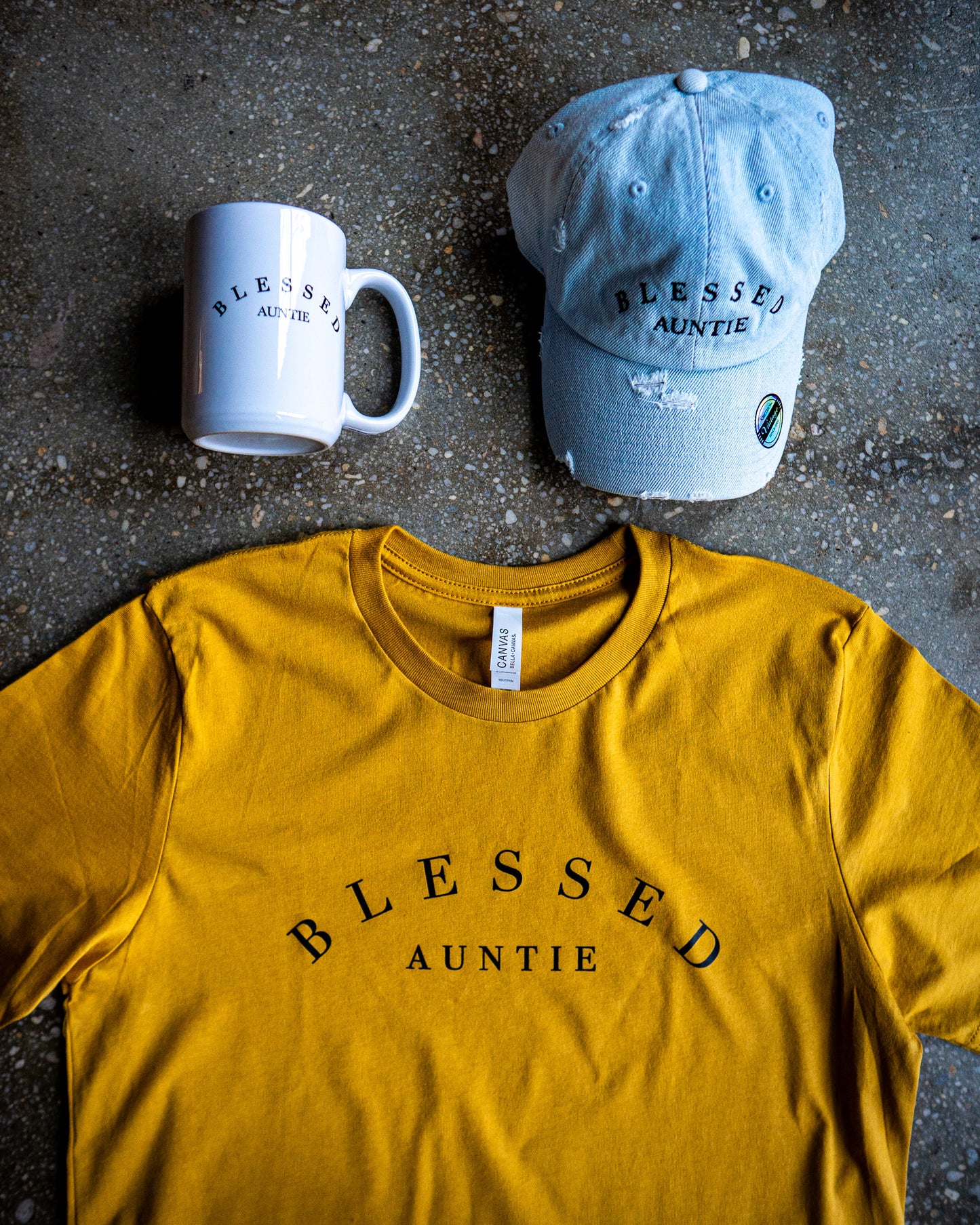 Blessed Auntie Adult Box T-Shirt & Distressed Hat & Mug