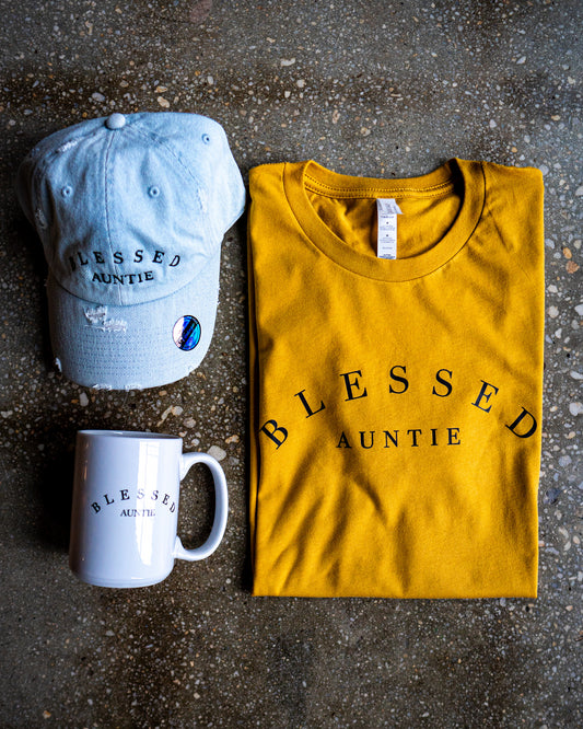 Blessed Auntie Adult Box T-Shirt & Distressed Hat & Mug