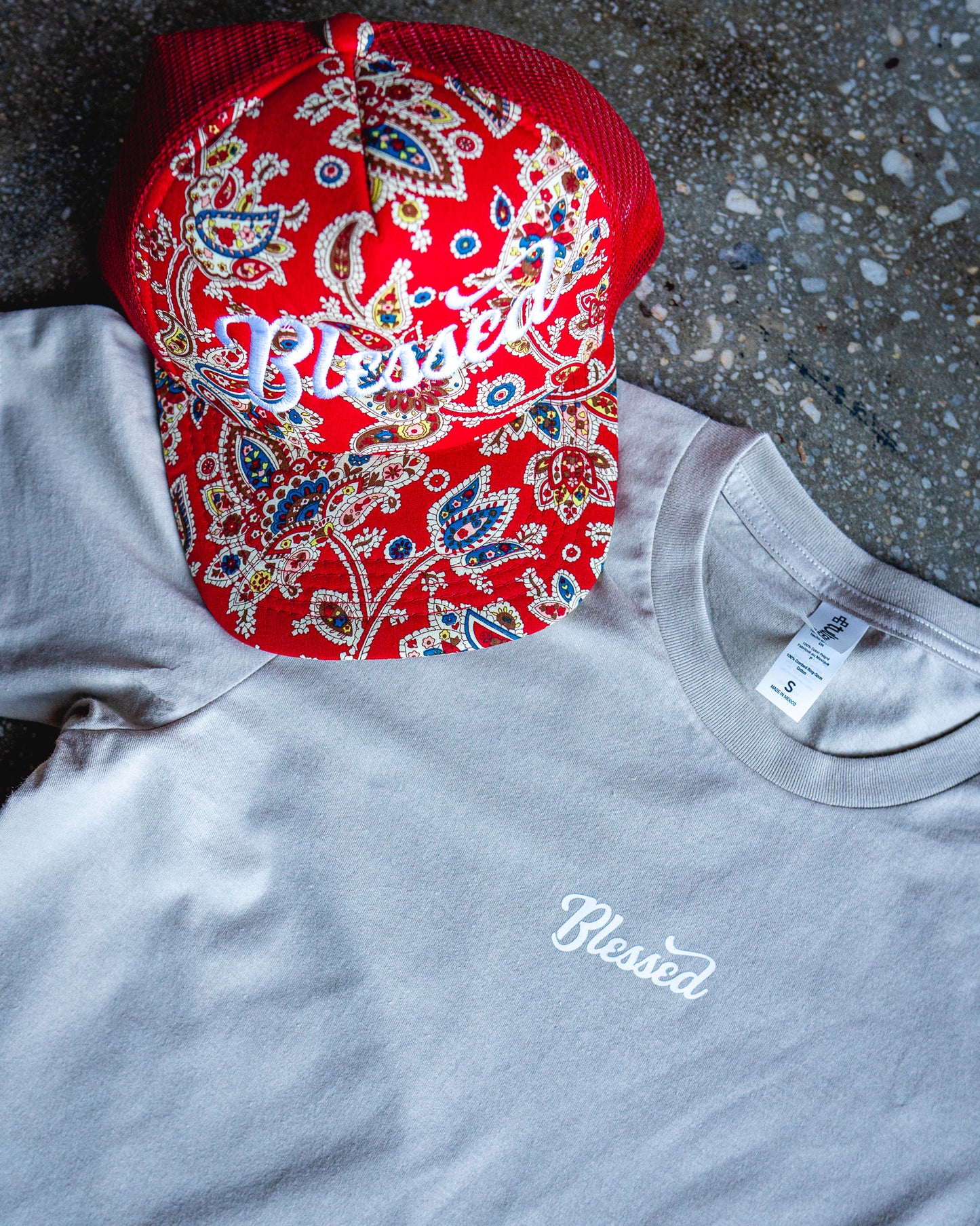 Blessed Adult Box T-Shirt & Red Paisley Trucker Bundle