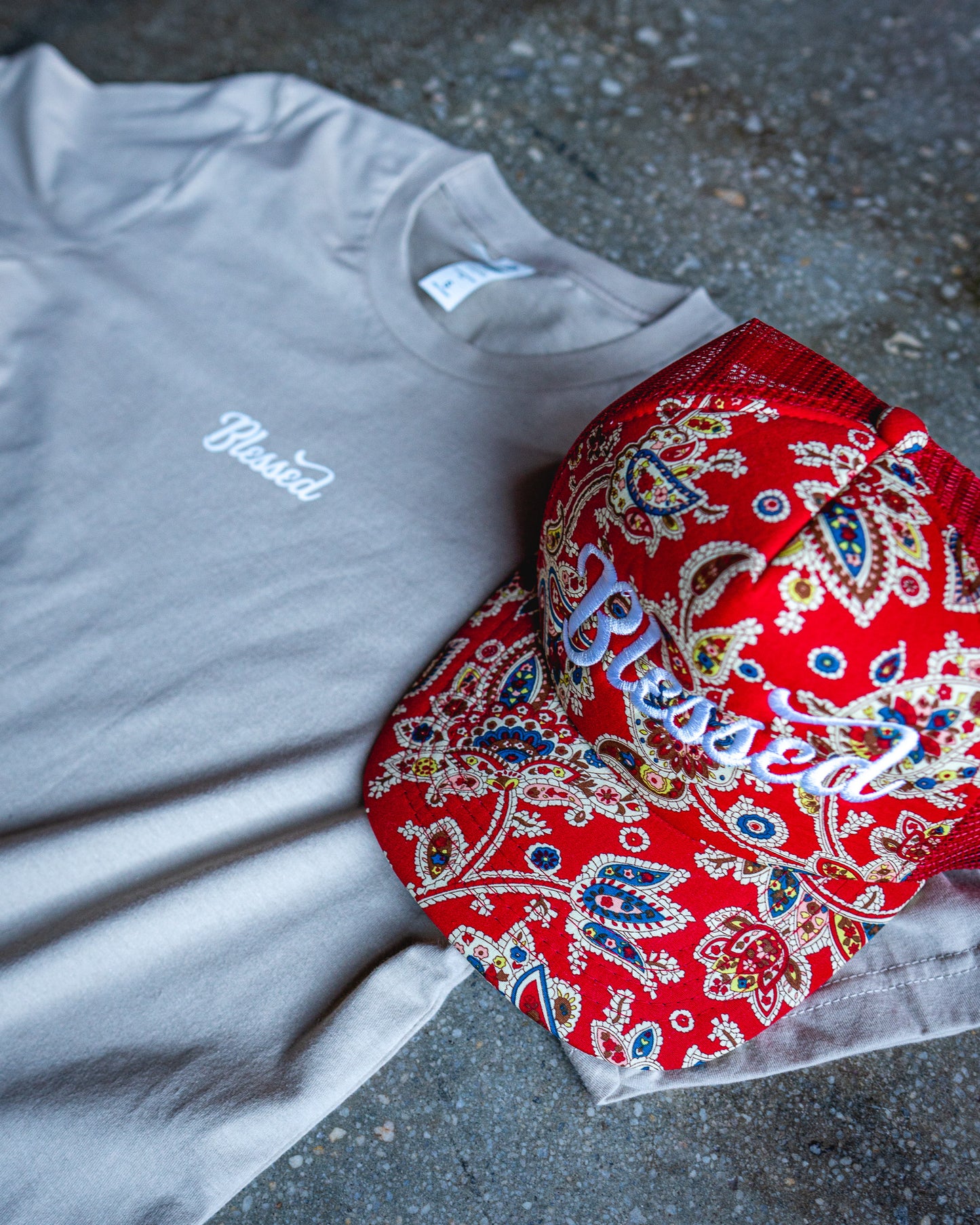 Blessed Adult Box T-Shirt & Red Paisley Trucker Bundle