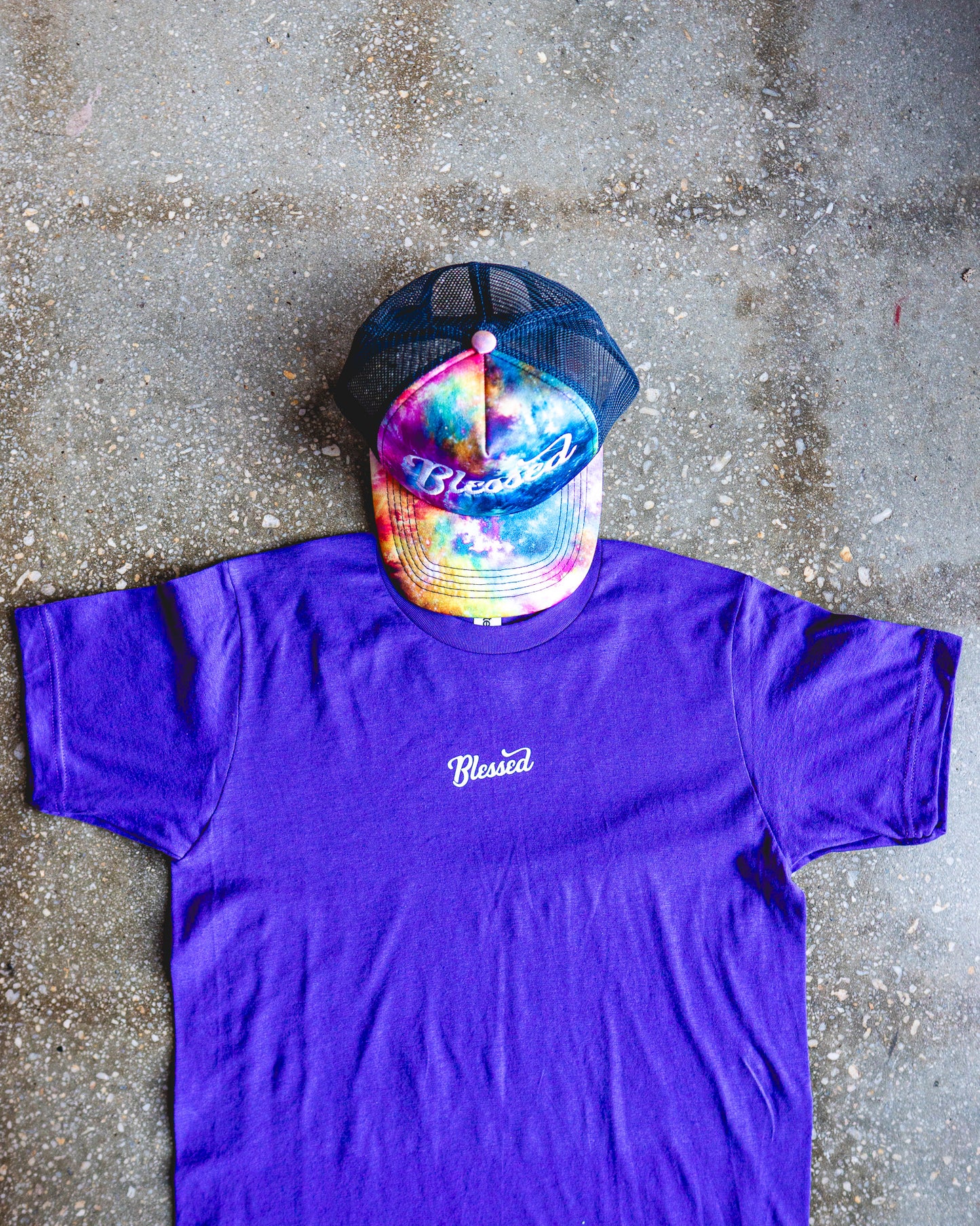Blessed Adult Box T-Shirt & Multi-colored Galaxy Trucker Bundle