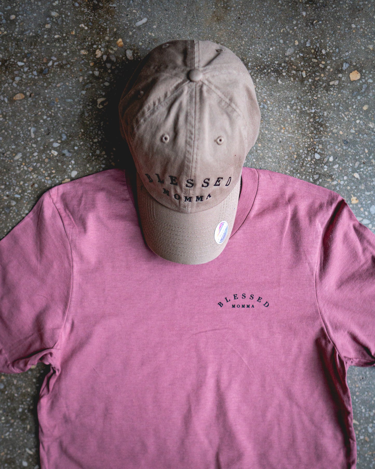 Blessed Momma Pocket Adult Box T-Shirt & Khaki Non-Distressed Hat Bundle