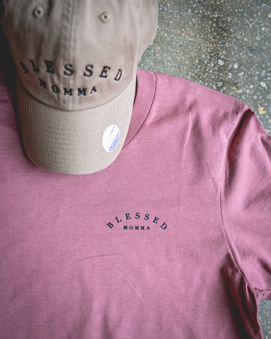 Blessed Momma Pocket Adult Box T-Shirt & Khaki Non-Distressed Hat Bundle