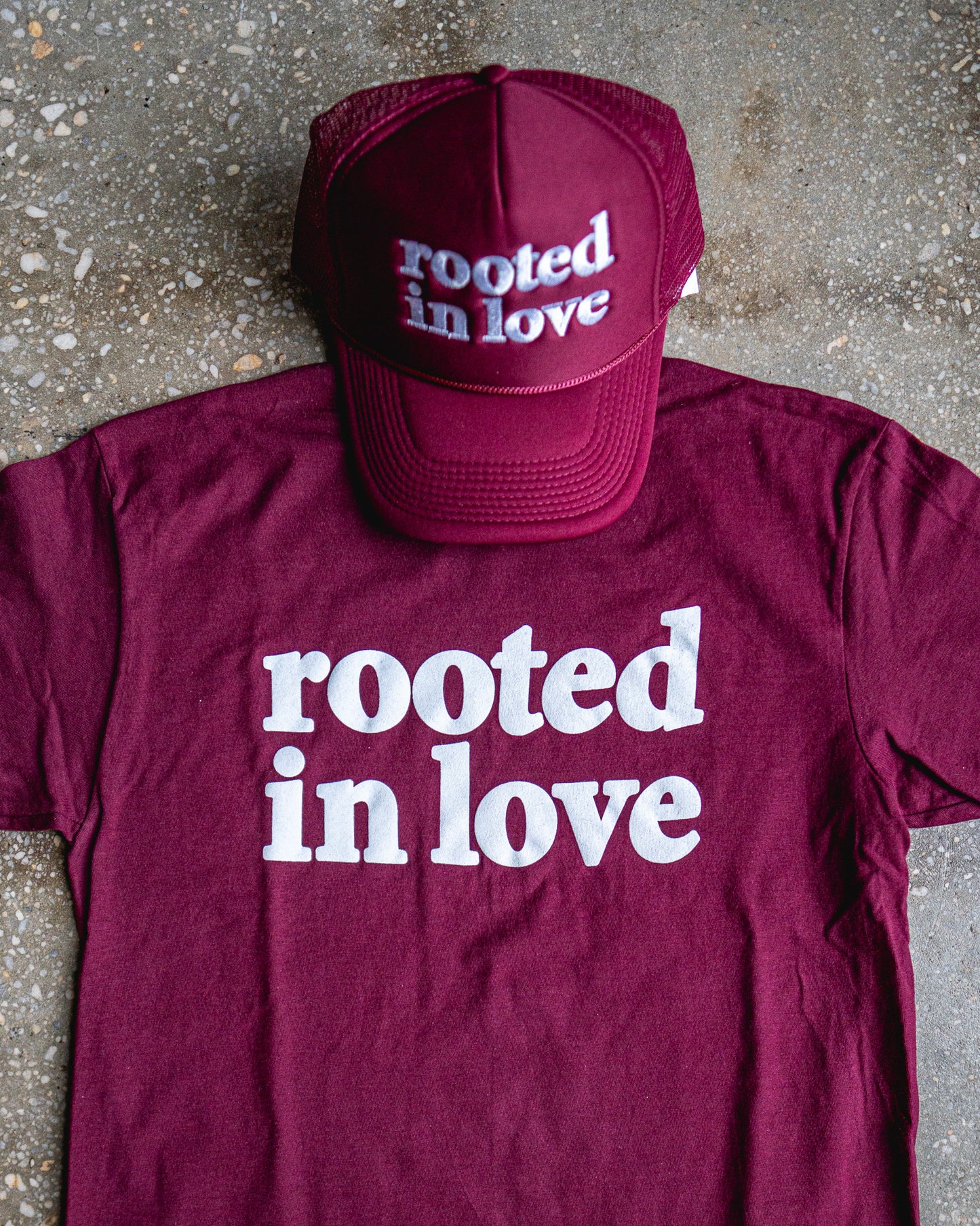 Rooted In Love Adult Box T-Shirt & Maroon Trucker Bundle