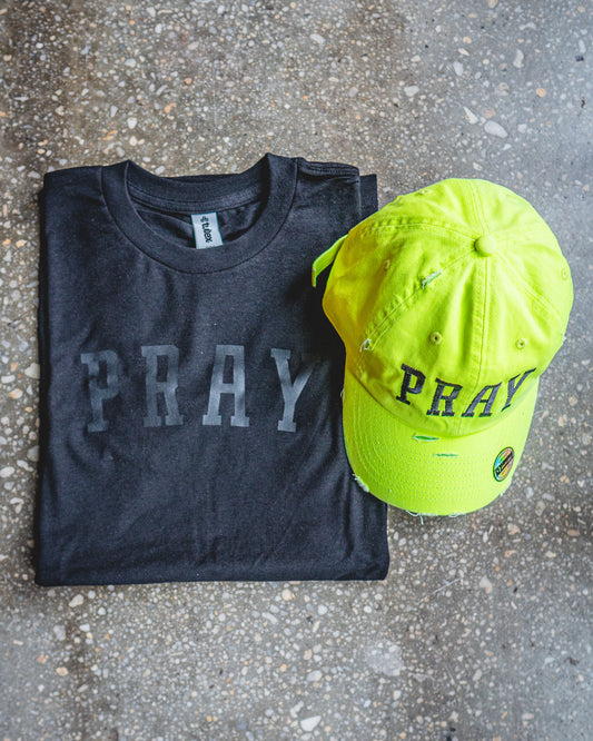 PRAY Adult Box T-Shirt & Neon Yellow Distressed Hat Bundle