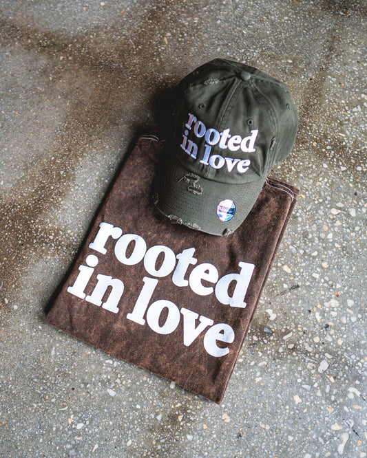 Rooted In Love Adult Box T-Shirt & Olive Distressed Hat Bundle