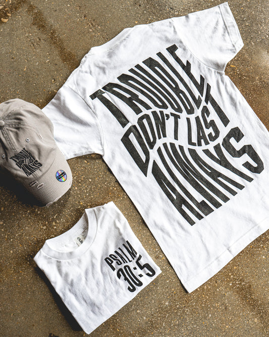 Trouble Don't Last Always Adult Box T-Shirt & Light Grey Distressed Hat Bundle