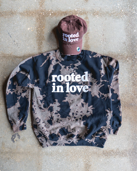 Rooted In Love Bleach Sweatshirt & Chocolate Distressed Hat Bundle
