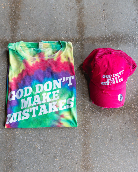 God Don't Make Mistakes Adult Box T-Shirt & Hot Pink Distressed Ponytail Mesh-back Hat Bundle