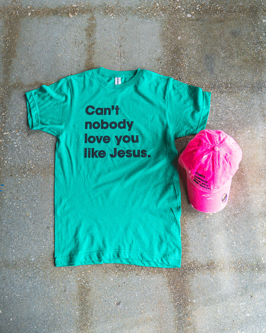 Can't Nobody Love You Like Jesus Adult Box T-Shirt & Neon Pink Distressed Hat Bundle