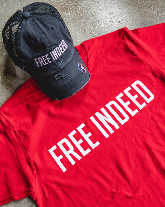 Free Indeed Adult Box T-Shirt & Faded Black Distressed Ponytail Mesh-back Hat Bundle