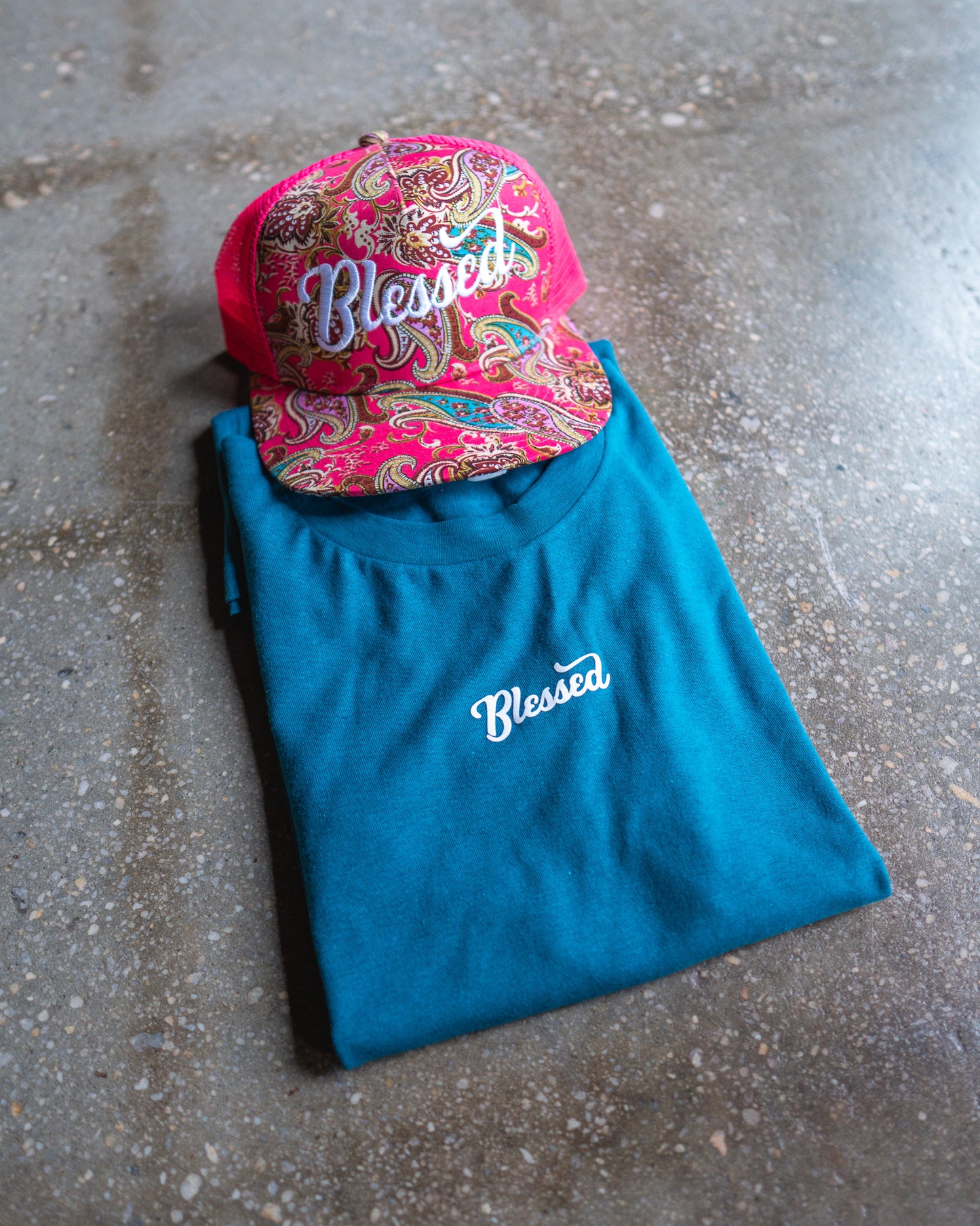 Blessed Adult Box T-Shirt & Pink Paisley Trucker Bundle