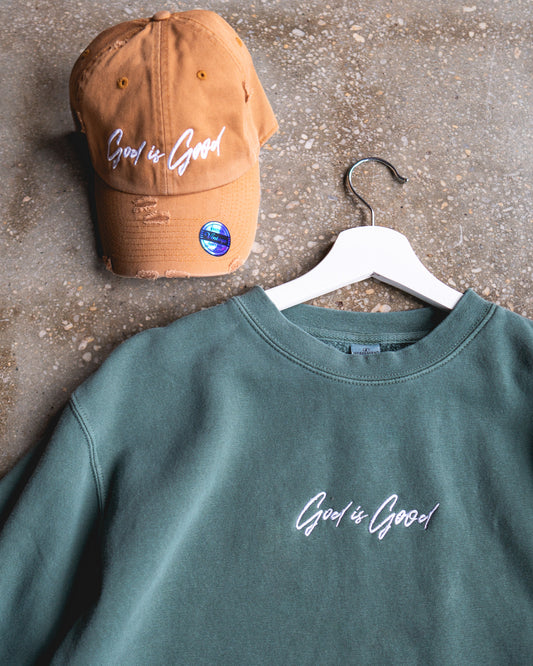 God Is Good Embroidered Sweatshirt & Timberland Distressed Hat Bundle