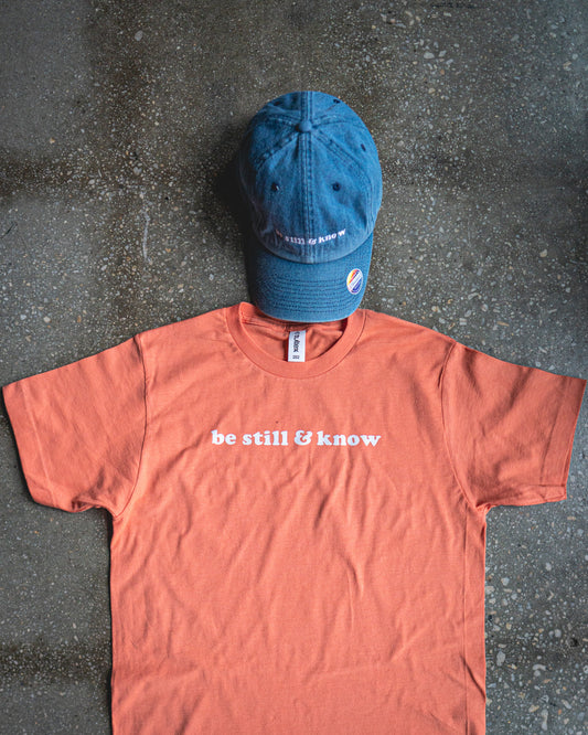 Be Still & Know Adult Box T-Shirt & Medium Blue Non-Distressed Hat Bundle