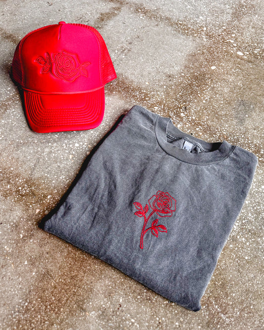 Rose Embroidered Muscle Tank & Red Trucker Bundle