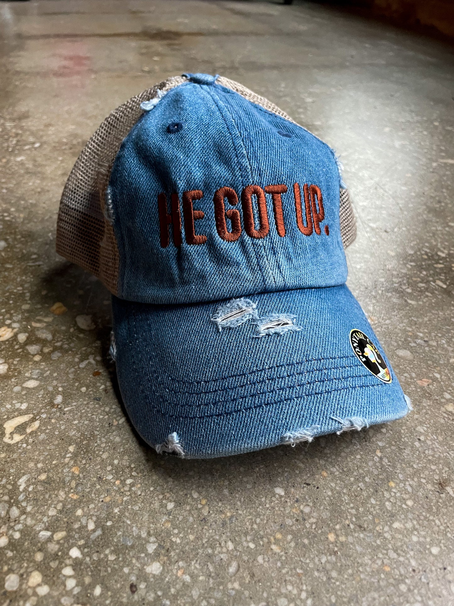 He Got Up Distressed Hat (Mesh-Back Ponytail)